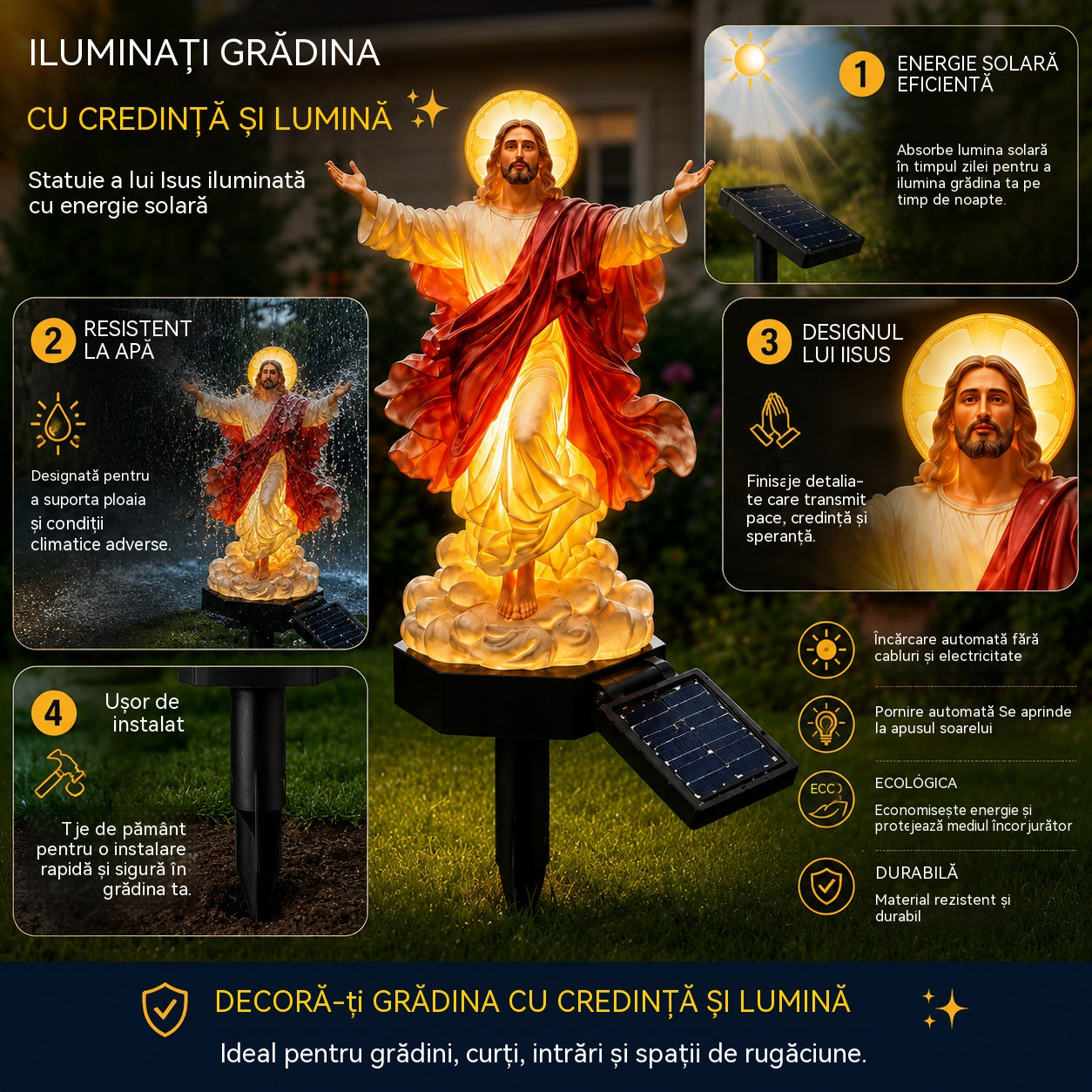 🔥🔱 Statuie de grădină cu Iisus iluminată cu energie solară