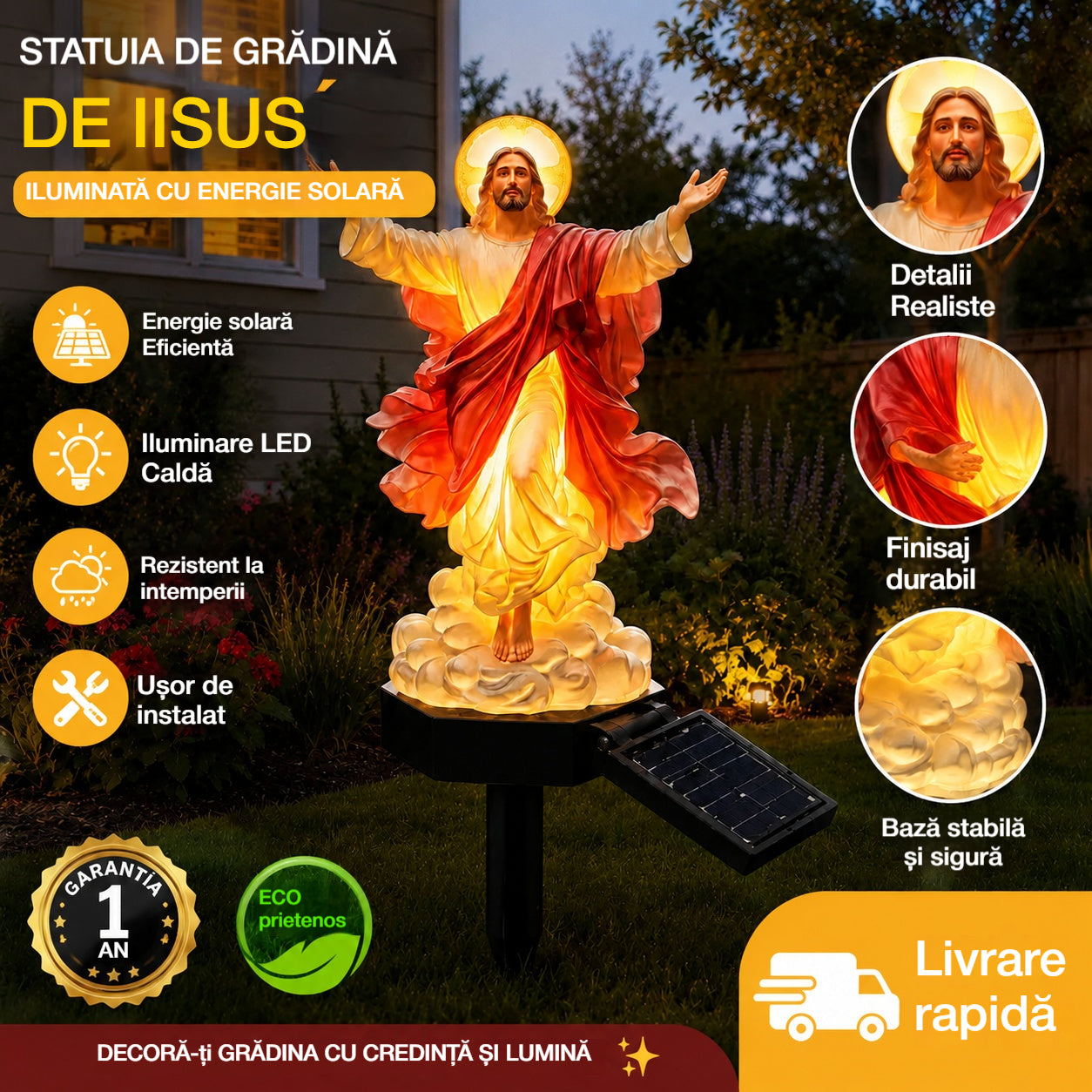 🔥🔱 Statuie de grădină cu Iisus iluminată cu energie solară