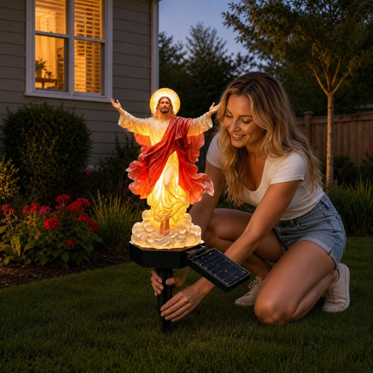 🔥🔱 Statuie de grădină cu Iisus iluminată cu energie solară